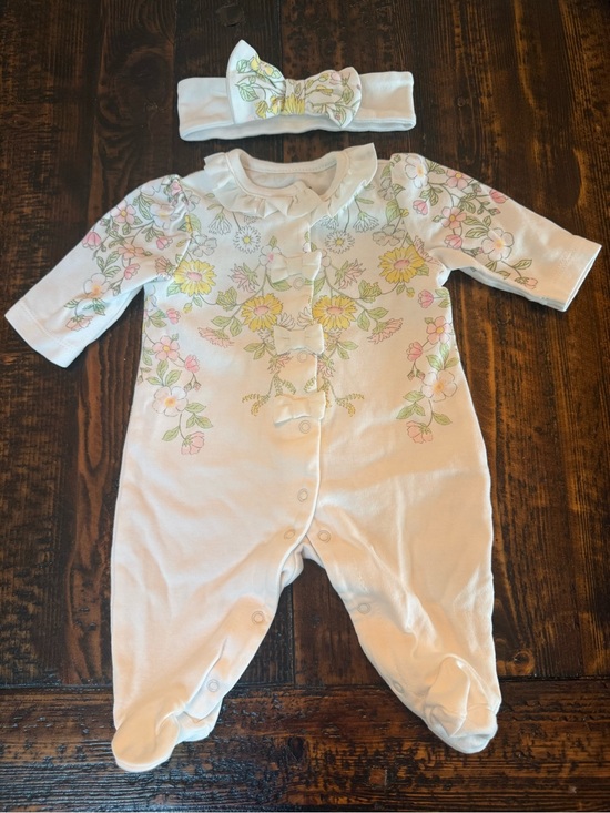 Little Me Other - Little Me White Floral Footed One-Piece with Matching Headband